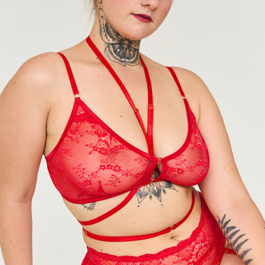 Woman wearing a red lace lingerie set and a red choker
