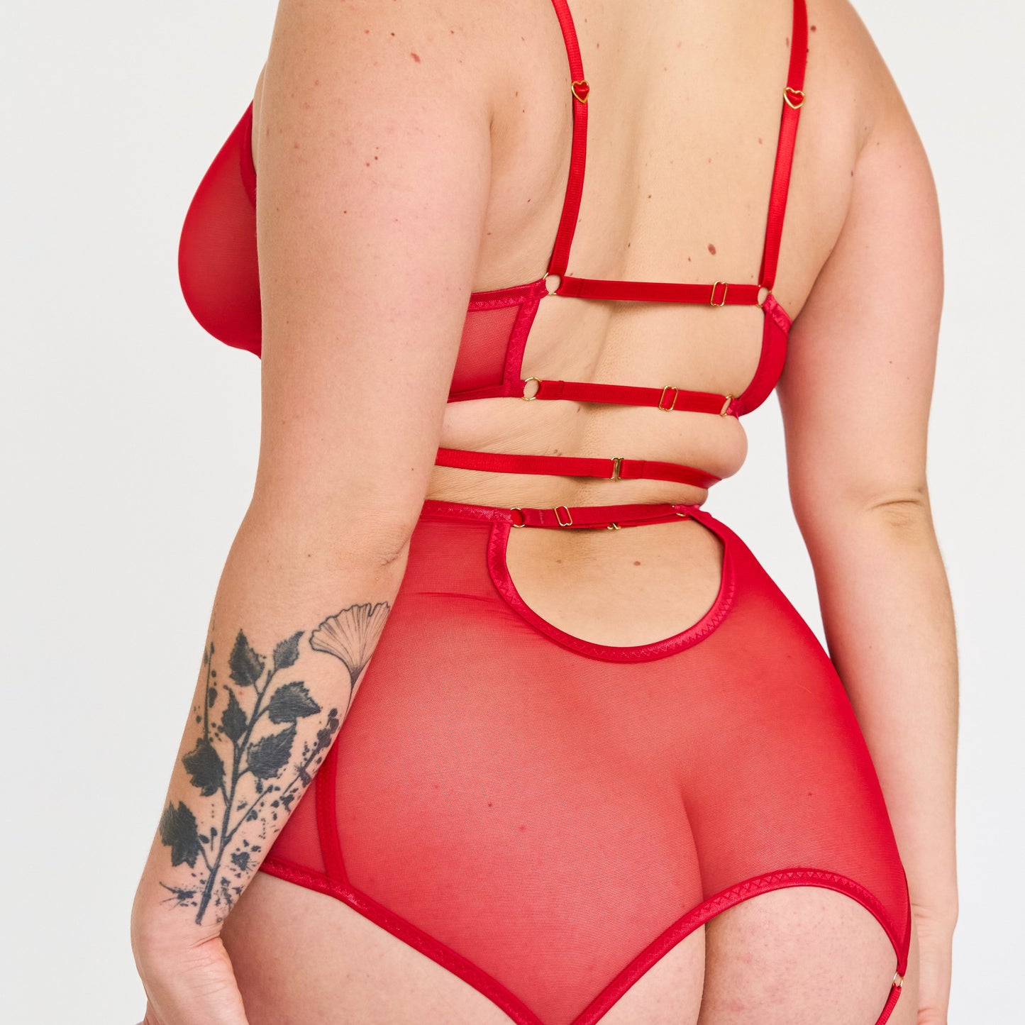 red sheer tulle crotchless lingerie set